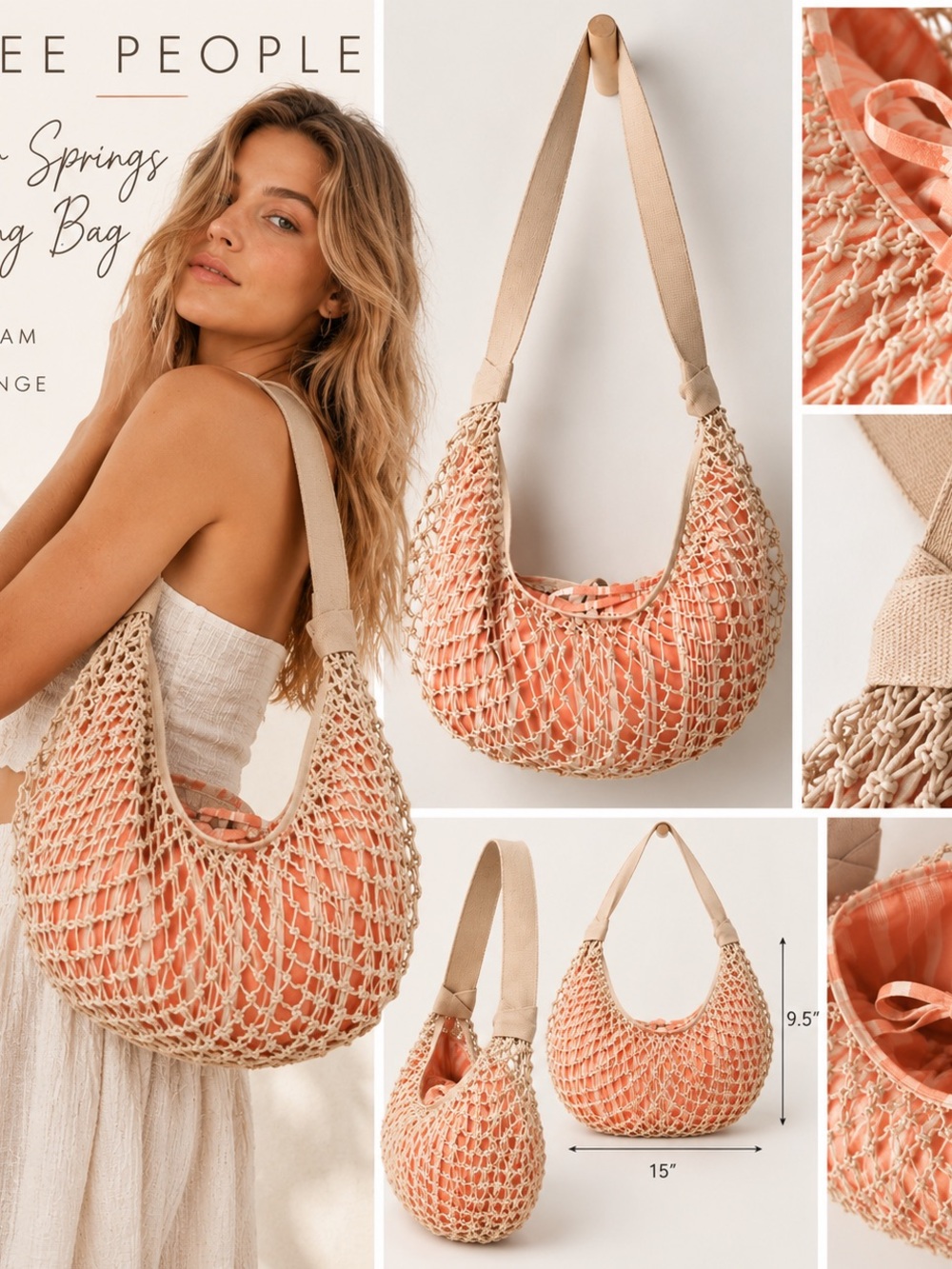 NWT Free People Silver Springs Sling Bag Cream Orange Macramé Boho